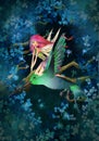 Cute fairy with pink long hair flying a colibri in front of magic forest Royalty Free Stock Photo