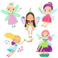 Cute fairy set. Beautiful girl in fying fairy costumes. Winged elf princesses in cartoon style Royalty Free Stock Photo