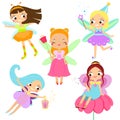 Cute fairy set. Beautiful girl in fying fairy costumes. Winged elf princesses in cartoon style Royalty Free Stock Photo
