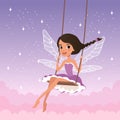 Cute fairy on swing. Magical creature from fairy tale. Cartoon girl character with wings wearing purple dress. Beautiful Royalty Free Stock Photo