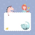 Cute Fairy Tale Characters with White Empty Banner, Lovely Princess with Butterfly, Unicorn and Sleeping Cat with Blank