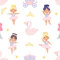 Cute fairy tale princesses ballerinas, princess swan, carriage, crowns. Fairytale pattern for girls Royalty Free Stock Photo