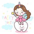 Cute fairy tooth vector angle cartoon wear unicorn horn illustration oral dental hygiene play happy, kawaii character: Series smil