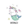 Cute fairy unicorn with mermaid tail and a rainbow mane. Magic funny mermaid. Vector doodle illustration Royalty Free Stock Photo