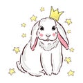 Cute fairy white bunny girl with crown, hand drawn graphic, kid print with stars Royalty Free Stock Photo