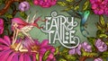 Cute fairy with with wings siting on a flower in front of floral background Royalty Free Stock Photo