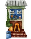 Cute fairytale coffee bar with a tiled roof on a white background with watercolor illustration