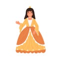 Cute fairytale princess waving hand. Little girl dressed in poufy gown like queen for costumed carnival, kids party