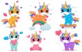Cute fairytale rainbow colorful baby unicorn with stars. Royalty Free Stock Photo