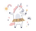 Cute fairytale unicorn, fairy baby animal with magic wand. Dream horse with horn in Scandinavian style. Happy little