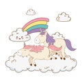 Cute fairytale unicorns in clouds with rainbow