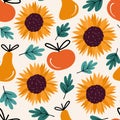 cute fall autumn hand drawn seamless vector pattern background illustration with sunflowers, apples, pears and leaves Royalty Free Stock Photo