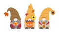 Cute fall vector gnomes in autumn colors with pumpkin, coffee cup and mug, leaves on white background Royalty Free Stock Photo