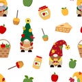 Fall vector seamless pattern with gnomes, apples, candy apples, jars with jam, basket, pie on white background Royalty Free Stock Photo