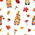 Cartoon fall vector seamless pattern with gnomes, dry leaves, mushrooms. Isolated on white background Royalty Free Stock Photo