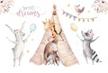 Cute baby giraffe, deer animal nursery mouse and bear, raccoon and bunny isolated illustration for children. Watercolor