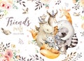 Cute family baby fox, deer animal nursery cat, giraffe, squirrel, and bear isolated illustration. Watercolor boho raccon Royalty Free Stock Photo