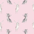 Cute family baby raccon, deer and bunny. animal nursery giraffe, and bear isolated illustration. Watercolor boho raccon Royalty Free Stock Photo