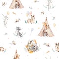 Cute family baby raccon, deer and bunny. animal nursery giraffe, and bear isolated illustration. Watercolor boho raccon Royalty Free Stock Photo