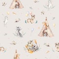 Cute family baby raccon, deer and bunny. animal nursery giraffe, and bear isolated illustration. Watercolor boho raccon Royalty Free Stock Photo