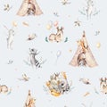 Cute family baby raccon, deer and bunny. animal nursery giraffe, and bear isolated illustration. Watercolor boho raccon Royalty Free Stock Photo