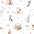 Cute family baby raccon, deer and bunny. animal nursery giraffe, and bear isolated illustration. Watercolor boho raccon