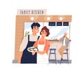 Cute family cafe with happy small business owners working. Young couple holding a plate with breakfast meal and a client