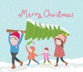 Cute family carries christmas tree'vector illustration