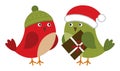 Cute Family of Christmas Birds with Gift Box. Vector Xmas Birds Royalty Free Stock Photo