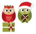 Cute Family of Christmas Owls with Gift Boxes. Vector Xmas Owls