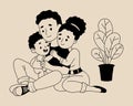 Cute family. Happy sitting woman and man with smiling child son. Outline hand drawing in doodle style. Vector Royalty Free Stock Photo