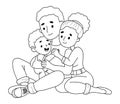 Cute family. Happy sitting woman mother and husband with smiling child son. Outline hand drawing. Vector illustration in Royalty Free Stock Photo