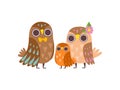 Cute Family of Owls, Father, Mother and Their Baby Posing Together, Adorable Cartoon Birds Characters Vector