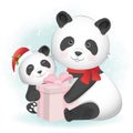 Cute family`s panda with gift box hand drawn Christmas season illustration