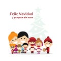 Cute family singing carols at Christmas Night with tree background. Spanish title Royalty Free Stock Photo