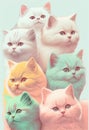 Cute family of small fluffy kittens in pastel colors on a light background. AI Generated