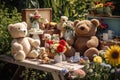 Cute family of teddy bears on a summer picnic in the garden