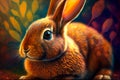 Cute fancy bunny sitting among the grass and leaves. Nature illustration.