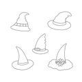 A cute fancy hat of a witch set vector outline illustration isolated object on the white background