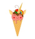 Cute and fantastic ice cream unicorn in a waffle cup with melissa leaves, cherry berry, and a rainbow slice. Flat style illustrati