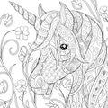 Adult coloring book,page a cute unicorn image for relaxing.Zen art style illustration. Royalty Free Stock Photo