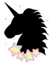 Cute fantasy black unicorn silhouette with rainbow stars illustration