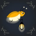 Cute cartoon firefly character flying through the night with a vintage lantern. Lovely glowworm flat vector illustration Royalty Free Stock Photo