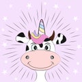 Cute fantasy cow unicorn. Greetihg card. Vector illustration. Royalty Free Stock Photo