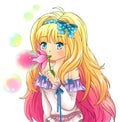 Cute fantasy girl is blowing bubbles from a flower, design in Japanese cartoon style (vector) Royalty Free Stock Photo