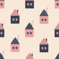 Cute fantasy houses with chimneys hand drawn vector illustration. Colorful fairy town seamless pattern for kids fabric. Royalty Free Stock Photo