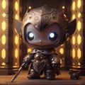 Cute fantasy robot knight with shiny steel armor in 3D cartoon style