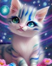 Cute Fantasy Striped blue and pink kitten with large blue eyes Royalty Free Stock Photo