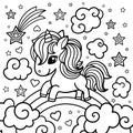 Cute fantasy unicorn on a rainbow among the clouds. Black and white. Vector