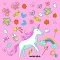 Cute fantasy unicorn. Vector illustration with rainbow, princess elements, flowers, hearts, diamonds. For kids pattern